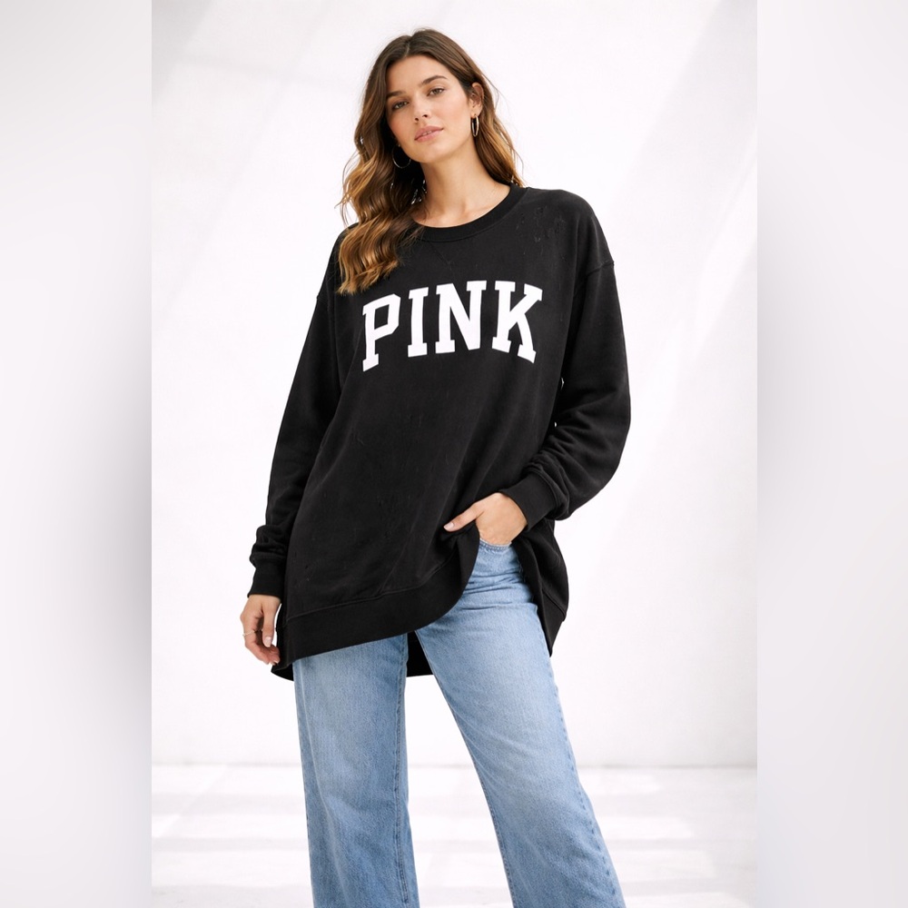 Victoria’s Secret PINK Distressed Campus Crew Sweatshirt Black Logo Tunic Medium